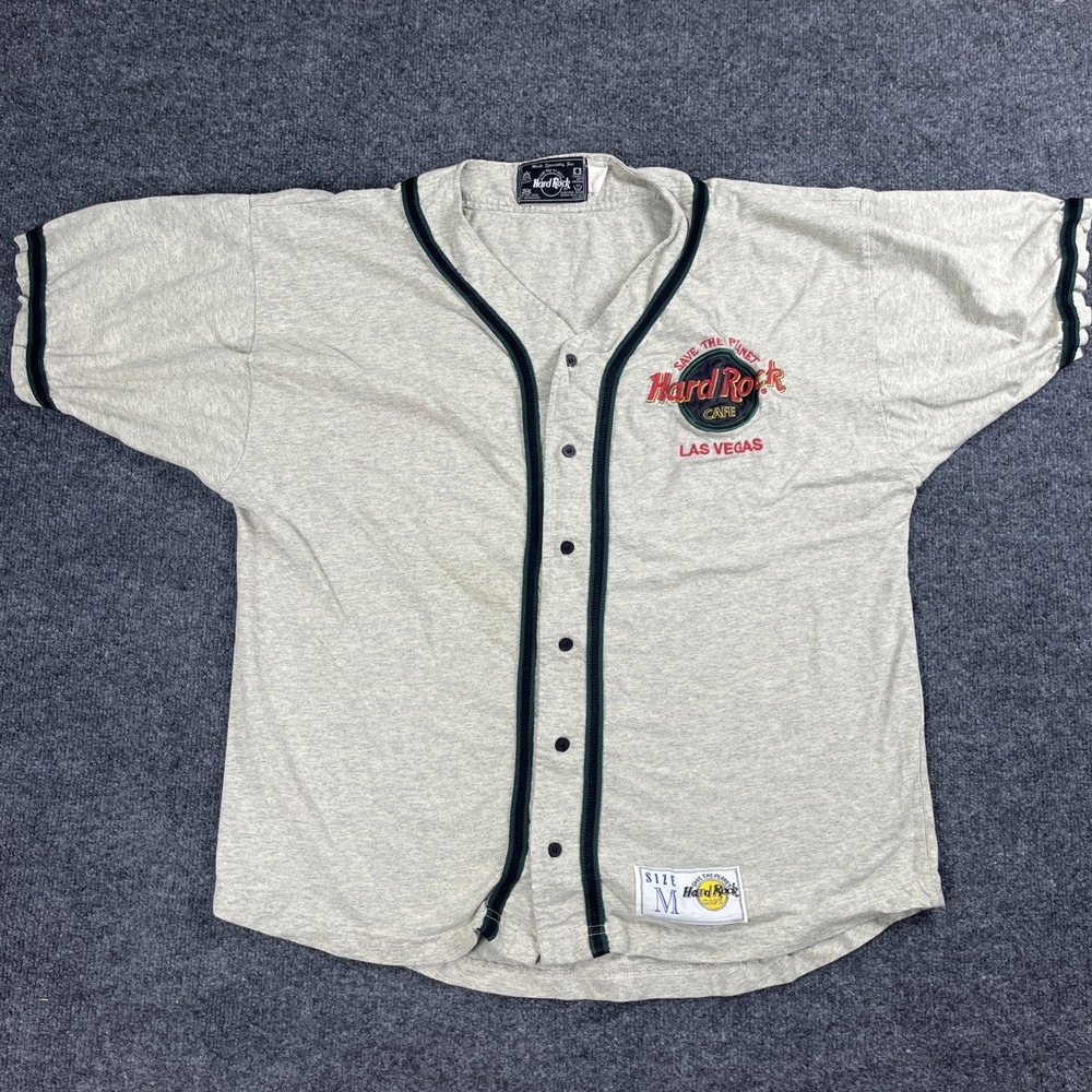 Hard Rock Cafe Vegas Baseball Shirt Men's Medium Gray Green Button Up Vintage